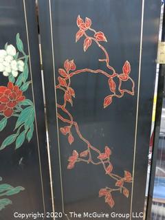 Asian Black Lacquer Four Panel Floor Screen Room Divider - Hand Painted with Brass Accents. Each panel measures approximately 16" wide X 72" tall.  Total length approximately 64" long.