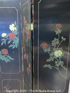 Asian Black Lacquer Four Panel Floor Screen Room Divider - Hand Painted with Brass Accents. Each panel measures approximately 16" wide X 72" tall.  Total length approximately 64" long.