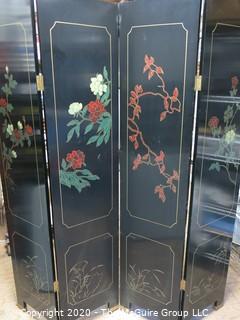 Asian Black Lacquer Four Panel Floor Screen Room Divider - Hand Painted with Brass Accents. Each panel measures approximately 16" wide X 72" tall.  Total length approximately 64" long.