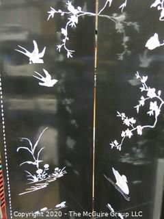 Asian Black Lacquer Four Panel Floor Screen Room Divider - Hand Painted with Brass Accents. Each panel measures approximately 16" wide X 72" tall.  Total length approximately 64" long.