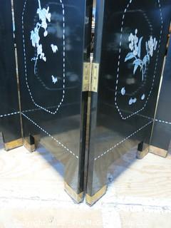 Asian Black Lacquer Four Panel Floor Screen Room Divider - Hand Painted with Brass Accents. Each panel measures approximately 16" wide X 72" tall.  Total length approximately 64" long.