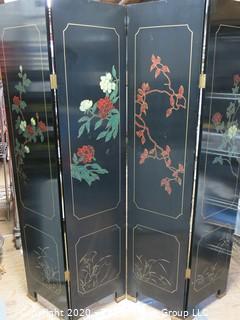 Asian Black Lacquer Four Panel Floor Screen Room Divider - Hand Painted with Brass Accents. Each panel measures approximately 16" wide X 72" tall.  Total length approximately 64" long.