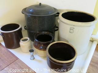 Collection of stoneware jugs as well as a steamer pot 