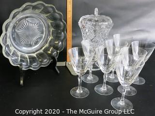 Nine Pieces of Clear Crystal Glass.  Includes Bowl, Lidded Dish and 7 Wine Glasses.