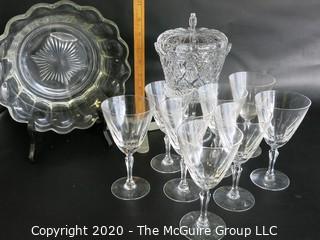 Nine Pieces of Clear Crystal Glass.  Includes Bowl, Lidded Dish and 7 Wine Glasses.