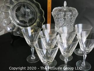 Nine Pieces of Clear Crystal Glass.  Includes Bowl, Lidded Dish and 7 Wine Glasses.