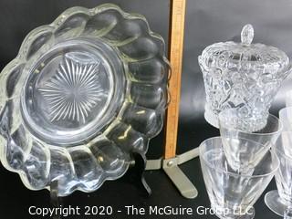 Nine Pieces of Clear Crystal Glass.  Includes Bowl, Lidded Dish and 7 Wine Glasses.