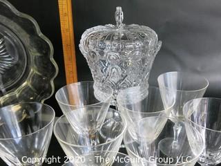 Nine Pieces of Clear Crystal Glass.  Includes Bowl, Lidded Dish and 7 Wine Glasses.