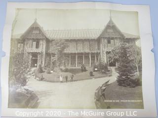 Double Sided Photo and Lithograph.  One side is a photo of "The Exposition Universelle of 1889, Paris, Pavillon Des Eaux.  The other is Black & White Lithograph "Vue Prise à vol d'Oiseau".