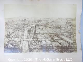 Double Sided Photo and Lithograph.  One side is a photo of "The Exposition Universelle of 1889, Paris, Pavillon Des Eaux.  The other is Black & White Lithograph "Vue Prise à vol d'Oiseau".