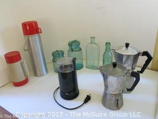 Collection including 2 Aladdin thermoses, coffee bean grinder, 2 coffee percolator pots and numerous aqua glass jars 