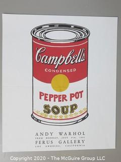 Poster from Andy Warhol Exhibit, 1962, Ferus Gallery, Los Angeles, Campbell Soup Can.  Measures approximately 10" x 12" with fold crease. 