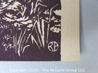 Black & White Woodblock Print of Split Rail Fence, Signed RA.  Measures approximately 10 1/2" x 11 1/2".