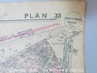 Antique Map of CHEVY CHASE, Plan 33 from Baist's Real Estate Atlas of the District of Columbia, Surveys of Washington. Separated from book and printed on linen.  Measures approximately 21 1/2" x 34". Some Foxing to edges.