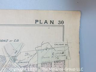 Antique Map of THE DISTRICT OF COLUMBIA, Plan 30 from Baist's Real Estate Atlas of the District of Columbia, Surveys of Washington. Separated from book and printed on linen.  Measures approximately 21 1/2" x 34". Some Foxing to edges.