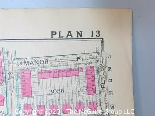 Antique Map, Plan 13 from Baist's Real Estate Atlas of the District Separated from book and printed on linen.  Measures approximately 21 1/2" x 34". Some Foxing to edges.of Columbia, Surveys of Washington. Measures approximately 34" long. Some Foxing to edges.