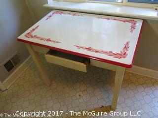 Enameled top mid-century kitchen table with single drawer below; 40 x 25 x 30T