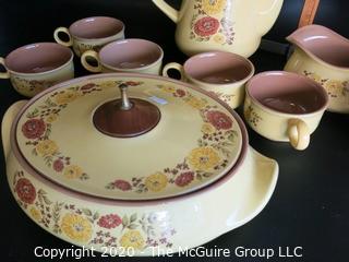 10 Piece Set of Taylor, Smith & Taylor ironstone china in "INDIAN SUMMER" Pattern.  Includes covered casserole, coffee pot, divided serving dish, small serving dish and cups (no saucers). 