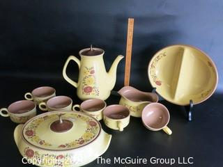 10 Piece Set of Taylor, Smith & Taylor ironstone china in "INDIAN SUMMER" Pattern.  Includes covered casserole, coffee pot, divided serving dish, small serving dish and cups (no saucers). 