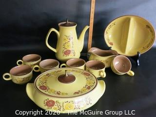 10 Piece Set of Taylor, Smith & Taylor ironstone china in "INDIAN SUMMER" Pattern.  Includes covered casserole, coffee pot, divided serving dish, small serving dish and cups (no saucers). 