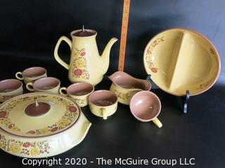 10 Piece Set of Taylor, Smith & Taylor ironstone china in "INDIAN SUMMER" Pattern.  Includes covered casserole, coffee pot, divided serving dish, small serving dish and cups (no saucers). 