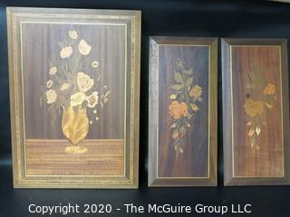 3 Marquetry Inlaid Wood Plaques, Made in Italy.  Measures approximately 16" X 22" and 19 1/2" X 9 1/2".