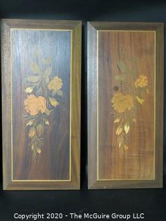 3 Marquetry Inlaid Wood Plaques, Made in Italy.  Measures approximately 16" X 22" and 19 1/2" X 9 1/2".