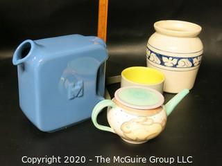 4 Ceramic Items.  Includes Vase with Rabbits Signed KP, Blue Hotpoint Pitcher, Hall Refrigerator Dish and Bunny Teapot.