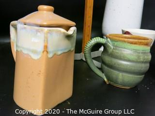 Group of 6 Artisan Studio Pottery Pieces.  Two painted cups, one mug, set of lidded dish and lidded Pitcher and  Vase, 