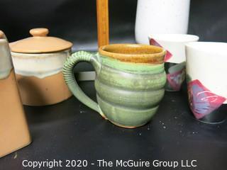 Group of 6 Artisan Studio Pottery Pieces.  Two painted cups, one mug, set of lidded dish and lidded Pitcher and  Vase, 