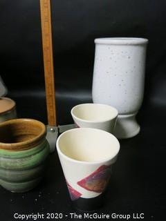 Group of 6 Artisan Studio Pottery Pieces.  Two painted cups, one mug, set of lidded dish and lidded Pitcher and  Vase, 