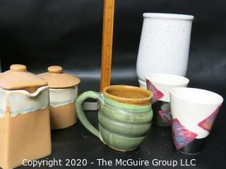 Group of 6 Artisan Studio Pottery Pieces.  Two painted cups, one mug, set of lidded dish and lidded Pitcher and  Vase, 