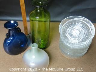 Group of Hand Blown Glass Items and Dishes.   Includes 3 Vases and set of Clear Glass Bowls. 