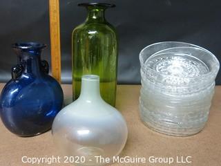 Group of Hand Blown Glass Items and Dishes.   Includes 3 Vases and set of Clear Glass Bowls. 