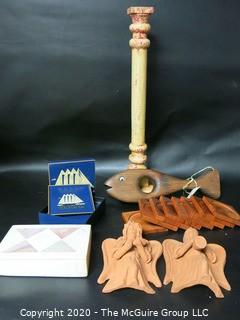 Group of Decorative Items.  Includes Alabaster Lidded Box, Two Terracotta Clay Angels, Set of Wood Coasters, Wood Candle Stick and Wood Fish Shaped Bottle Holder and Box Set of Lacquer Coasters.  