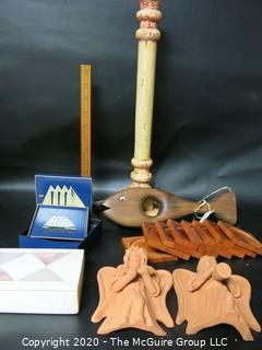 Group of Decorative Items.  Includes Alabaster Lidded Box, Two Terracotta Clay Angels, Set of Wood Coasters, Wood Candle Stick and Wood Fish Shaped Bottle Holder and Box Set of Lacquer Coasters.  