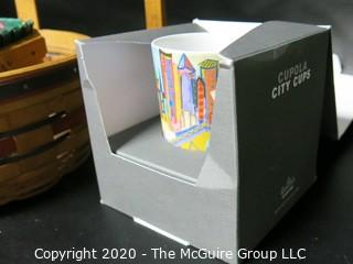 Two Longaberger Baskets, Elephant Pottery Bank and Cupola City Cup in Box .  