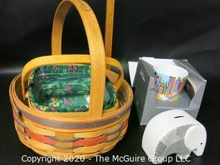 Two Longaberger Baskets, Elephant Pottery Bank and Cupola City Cup in Box .  