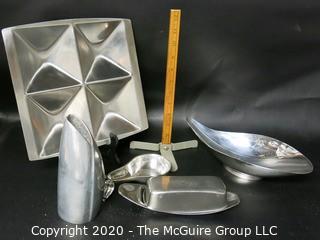 Group of Decorative Metal Items.  Includes WMF Serving Dish and Butter Dish, International Silver Pear Shaped Bowl, Aluminum Modern Vase, Reed & Barton Bowl. 