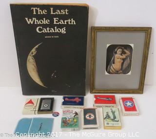 Collection including "The Last Whole Earth Catalog; NIB Zippo lighter; Tiffany bag; and several unopened packs of playing cards 