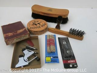 Collection including Starrett Trammel Points Set with original box; as well as shoe polishing tools 