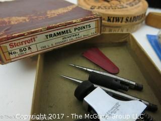 Collection including Starrett Trammel Points Set with original box; as well as shoe polishing tools 