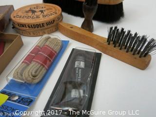 Collection including Starrett Trammel Points Set with original box; as well as shoe polishing tools 