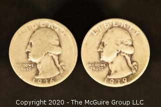 U.S. Collectible Coins: 1936 Washington Quarter & 1939 Washington Quarter 