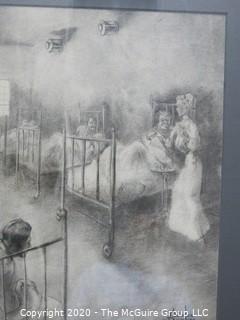 Art, Framed and Matted, charcoal drawing of hospital ward. Approximately 25 1/2" X 30" with Frame.