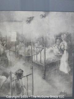 Art, Framed and Matted, charcoal drawing of hospital ward. Approximately 25 1/2" X 30" with Frame.