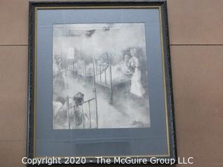 Art, Framed and Matted, charcoal drawing of hospital ward. Approximately 25 1/2" X 30" with Frame.