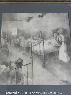 Art, Framed and Matted, charcoal drawing of hospital ward. Approximately 25 1/2" X 30" with Frame.