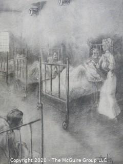 Art, Framed and Matted, charcoal drawing of hospital ward. Approximately 25 1/2" X 30" with Frame.