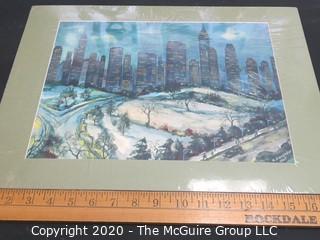 Watercolor, City Skyline in Snow by K. Alexander 1947.  Measures approximately 14" by 17".